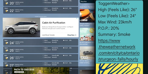 Image depicting the Weather Network website and text message sent by ToggenWeather